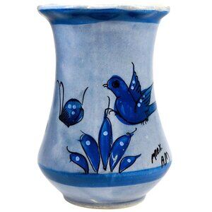 Vintage Tonalá Pottery Vase – Signed Blue Bird & Butterfly – 5.5" Mexico Art